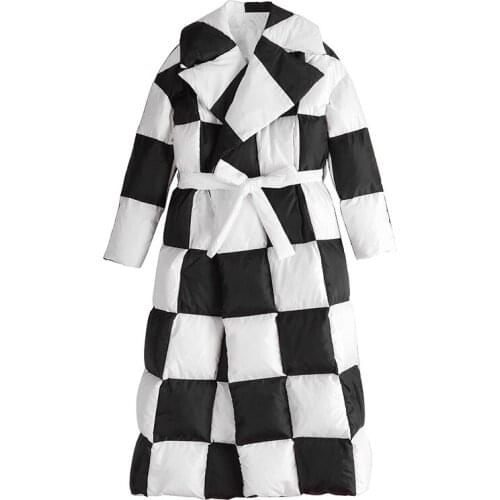 European winter new 2020 womens down jacket lapel long loose bind black and white Outerwear Parka overcoatthick coat