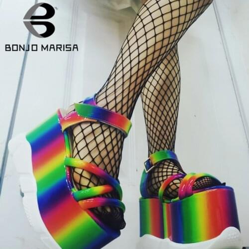 On Sale Big Size 34-43 Multicolor Open Toe Platform High Wedges Hook Loop Rainbow womens Sandals 2021 Colorful Women Shoes