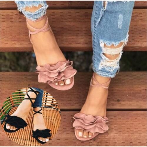 Summer Outdoor Womens Shoes Ruffles Sandal Cross Bandage Sandals Lace-up Ankle Strap Flat Sandalias Mujer