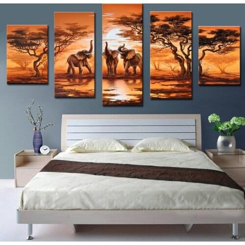 5 Pieces Modern Home Decoration Canvas Painting African Landscape Elephants Animals Wall Art Pictures for Living Room No Frame