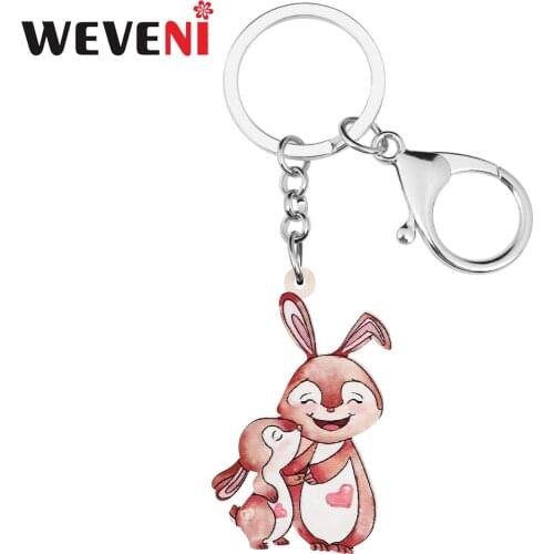 WEVENI Mothers Day Acrylic Sweet Pink Rabbit Bunny Keychains Ring Fashion Purse Key Chain Charms Gift Jewelry For Women Girl