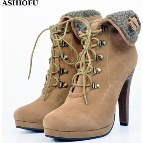 ASHIOFU Vintage Style Handmade Ladies High Heel Boots Short-plush Retro Party Winter Ankle Boots Lace-up Evening Fashion Boots