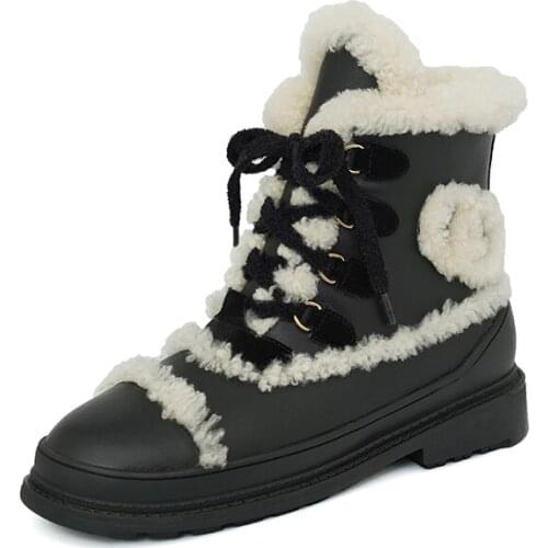 Osunlina Womans Winter Ankle Boots Wool Fur Lace Up Genuine Leather Handmade Ankle Boots Casual Round Toe Keep Warm Shoes Lady