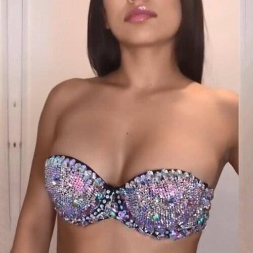 Shiny Diamante Sexy Strapless Camis Women Backless Bling Big Gems Sexy Bra Crop Tops Summer Party Night Club Hot Camisoles