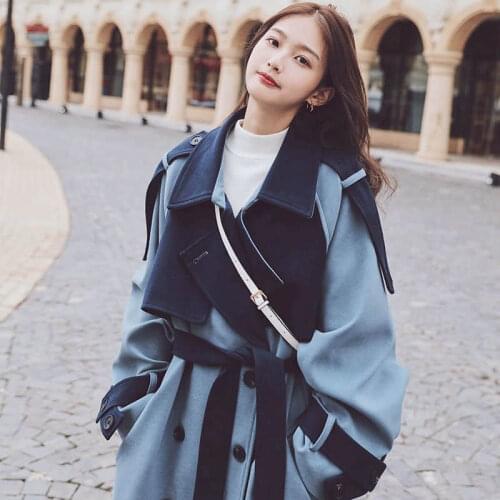Woolen coat stitching contrast color thickening womens winter 2020 new long waist thin temperament goddess jacket Woolen cloth