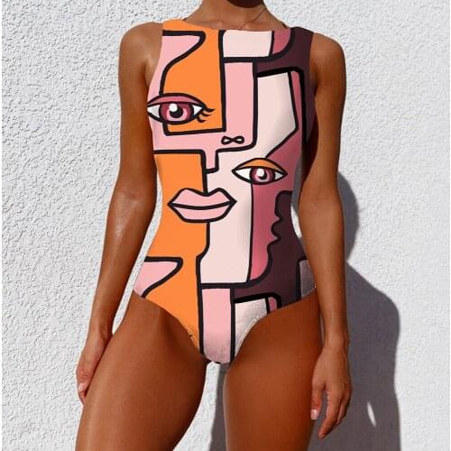 2021 New Abstract Print One Piece Swimsuit Women Body Swimwear Bodysuit Swimming Wear Bathing Suit Lady Beachwear Plus Size