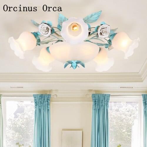 American Pastoral Blue Flower ceiling lamp Living Room Restaurant Modern Creative LED Tieyi Rose ceiling lamp free shipping