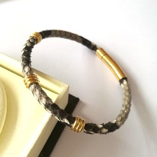 Beichong White Black 5mm Genuine Python Skin leather with Gold Stainless Steel Clasp Buckle Bracelet Bangle for Men Women