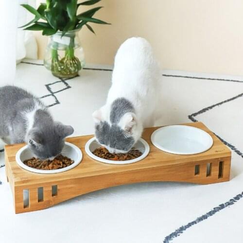 Puppy Pet Bowl Ceramic Double Cat Bowl Wood Pallet Strong Durable Cat Feeder Protect Cervical Spine Washable And Easy To Clean