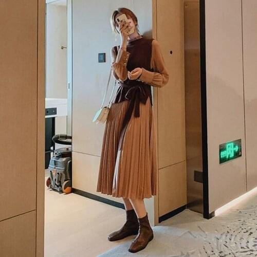 Spring and Autumn Two-piece Suit Long-sleeved Dress New Womens Wear Waist Thin Temperament Long Pleated Skirt