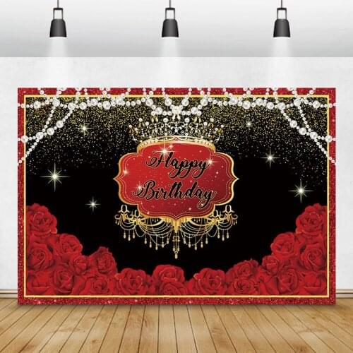 Laeacco Gold Glitters Star Crown Happy Birthday Photography Backdrop Party Rose Flowers Pearl Customized Background Photo Studio