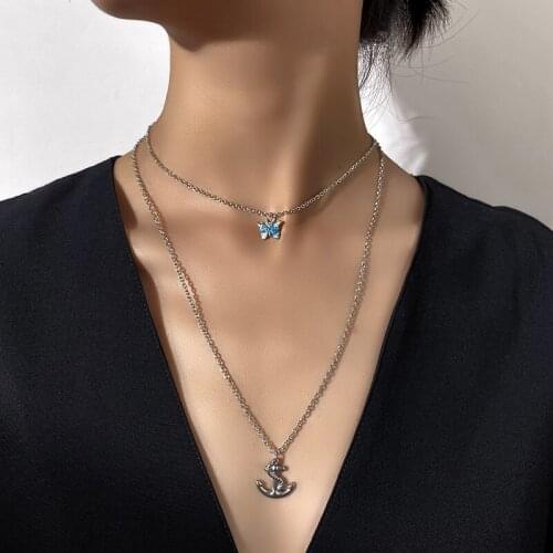 Fashion Sparkle Butterfly Necklace Boat Hook Jewelry Chain Double Vintage Ornaments
