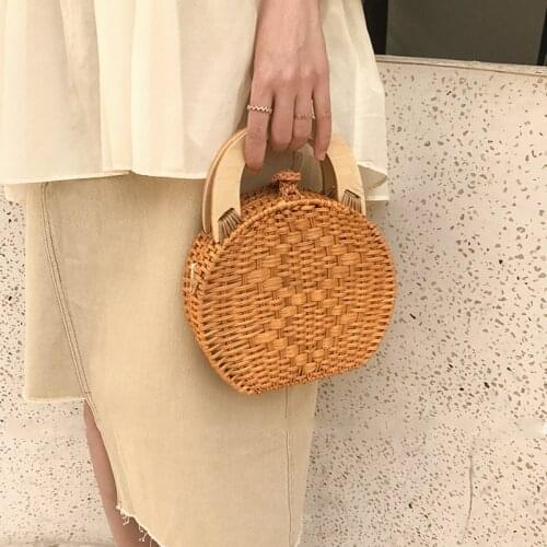New Straw Handbag Women Ladies Shoulder Bag Wooden Hand-Woven Top-Handle Beach Bag Circular Knitting Bags Bohemian Messenger Bag