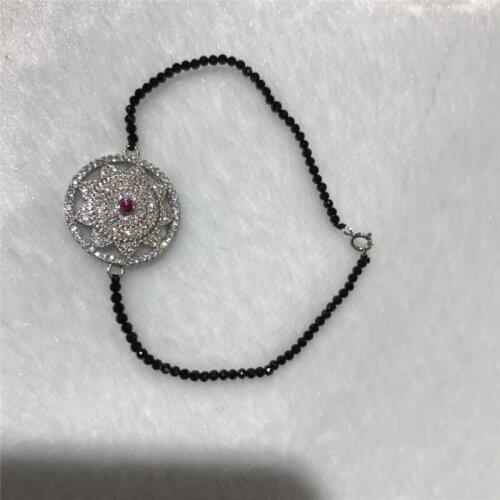 Wholesale Beautiful popular black agates section 2 -3mm 7.5 in good quality micro with flowers Tibetan silver clasp