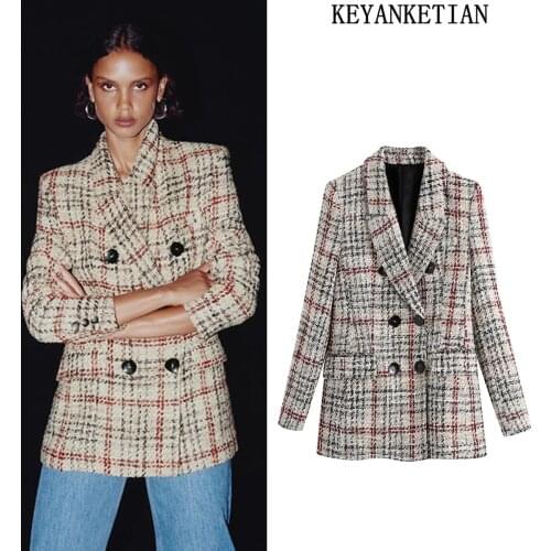 KEYANKETIAN Autumn Womens Fashion Plaid Office Lady Blazer Retro Cutaway Ladies British Style Blazer Chic Top