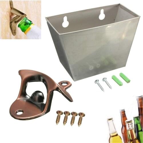 Stainless Steel Bottle Opener Wall Mounted Beer Opener Beer Cap Catcher Box Set with Screws For Kitchen Bar Holder Tool