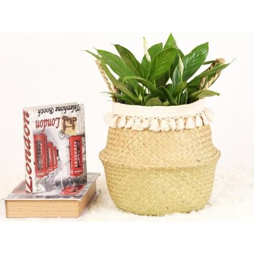 Fringed Macrame Woven Basket Folding Seagrass Storage Basket Garden Flower Pot Rattan Basket Home Laundry Baskets