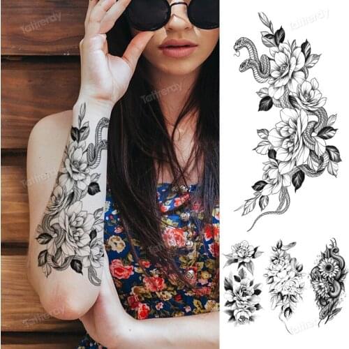 Temporary snake tattoo flowers rose peony sunflower fake tattoo sleeves arm band breast leg sexy tatoo for woman girls body art