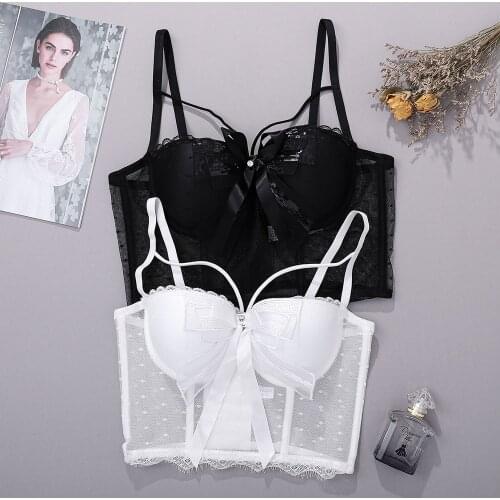 Wriufred The new sequin bowknot bra thin see-through dress sling bralette lace mesh top with steel ring women lingerie