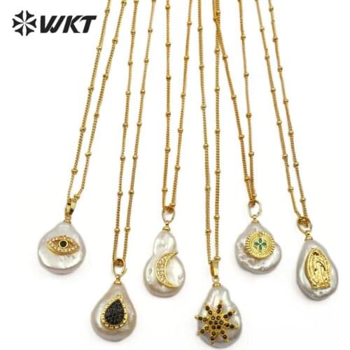 WT-MN954 Natural Freshwater Pearl&CZ Pave Necklace Irregular shape With Star shape Four-leaf clover Evil Eye crescent Necklace