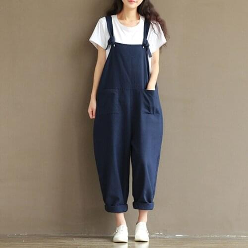 2021 Vintage Solid Women Jumpsuits Straped Pocket Harem Loose Ankle Length Lady Casual All Match Pants Top Quality