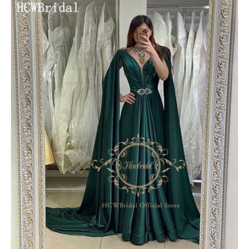 Dark Green Long Cape 2021 Arabic Evening Dress Chic Beads Rhinestones Silk Satin Women Special Occasion Wedding Party Gowns
