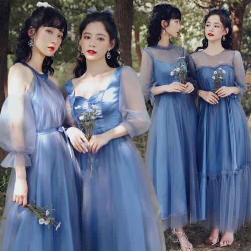 Bridesmaids Dress Illusion Full Halter Floor-Length Tulle Lace Luxury Blue Off The Shoulder A-Line Women Wedding Party Gown E703