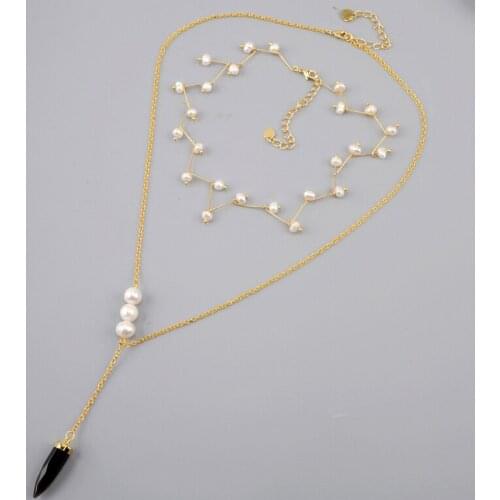 Pearl Women Necklaces Black agates Point Pendant Necklace Handmade Freshwater Pearl Necklace Girls Gifts Wholesale Dropship