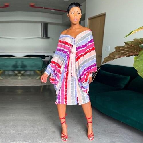 Striped Tie Dyeing Print Women Blouse Shirt Dress Summer Clothing Turn Down Collar Full Sleeve Loose Vestidos Buttons Up Dress
