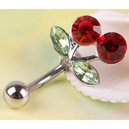 1Pc Stainless Steel Rhinestone Red Cherry Inlaid Navel Belly Button Barbell Ring Body Charming Piercing Jewelry Attract Accessor