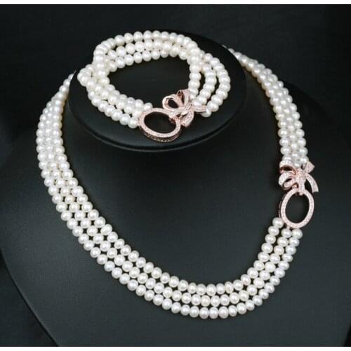 3rows freshwater pearl near round 8-9mm necklace bracelet wholesale beads 18-20inch nature unique clasp