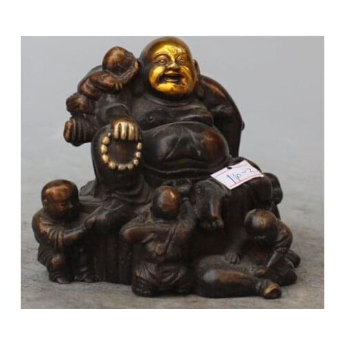 6"China Bronze Gilt Silver Seat Happy Laugh Maitreya Buddha Five Boy lad Statue s0103