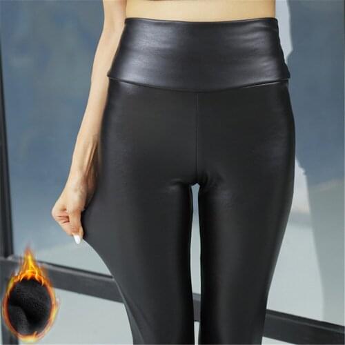 PU Leather Velvet Trousers Elastic Pencil Skinny Pants Womens Fashion Tight pants Winter Warm Women Pants