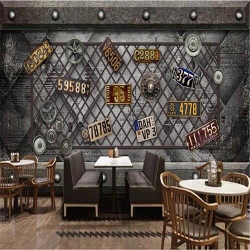Milofi custom large 3d wallpaper mural retro industrial wind gear license plate bedroom decoration painting background wall