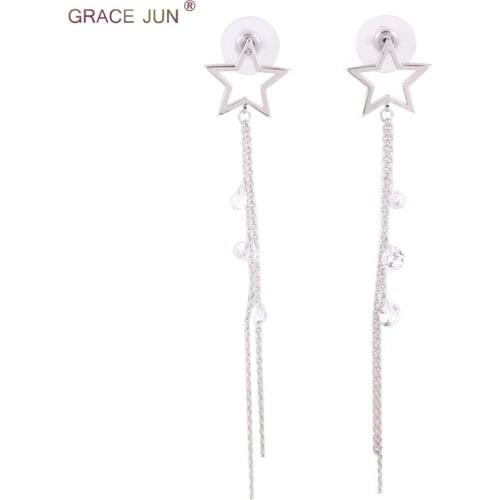Grace Jun Copper Material CZ Silver Color Long Tassel Drop Earrings for Girl Party Wedding Cute Star Earrings Good Gift