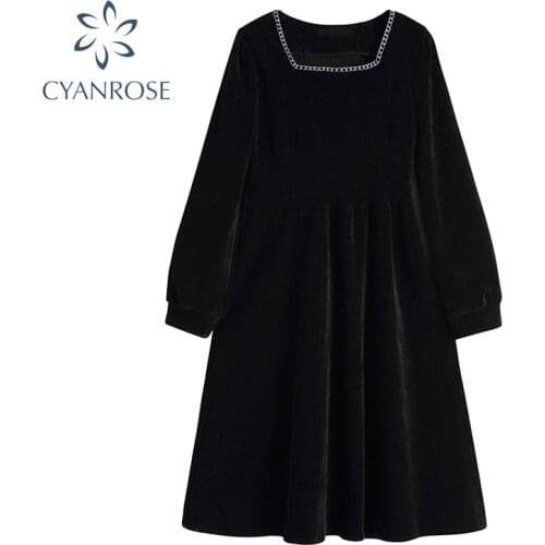 Black Dress Long Sleeve Korean Embroidery Square Collar Midi Frocks Ladies Vintage Elegant Party Club High Waist Slim Vestidos