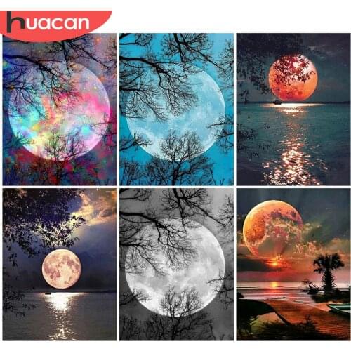 HUACAN 5D Diamond Painting Full Round Drill Moon Pictures Diamond Embroidery Scenic Cross Stitch Home Decoration