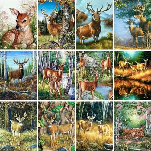 Huacan Full Drill Square Diamond Painting Deer Mosaic Natural Spring Animal Diamond Art Rhinestone Pictures
