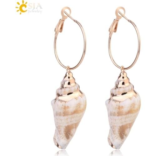 CSJA Classical Conch Shell Earrings Bohemian Gold Color Circle Hook Earring Beach Sea Shells Fashion Jewelry for Women Gift G025