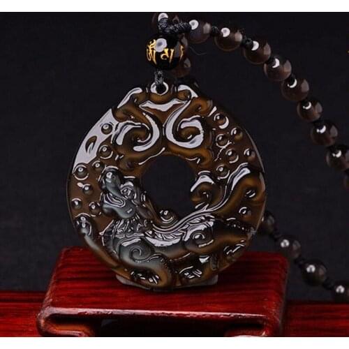 Beautiful Chinese handmade natural Obsidian ice,rainbow eyed,brave troops,beastie+rope Necklace