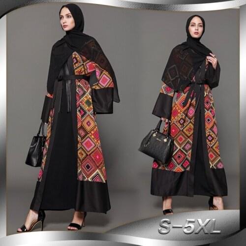 Fashion Print Retro Contrast Cardigan Muslim Abaya Cardigan Long Dress Islamic Modest Clothing Abaya Turkey Hijab Long Sleeve XL