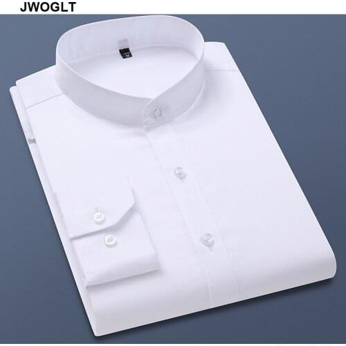 New Fashion Stand Collar Mens Long Sleeve Shirt 100% Long-Staple Cotton Slim Fit Button-Down Social White Shirts 4XL 5XL