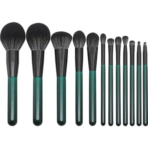 12Pcs Dark Green Wooden Handle Makeup Brush Set Cosmetic Blush Brush Makeup Eyebrow Foundation Powder Brushes Kit J#11