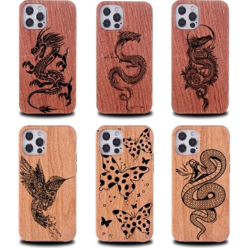 Natural Engraved Dragon Wood Phone Case For iPhone 11 12Pro Max 7 8Plus 6 6S XR XS Max Silky Texture Original Phone Cover Coque