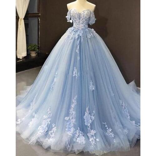 Charming Sky Blue Prom Dresses Off the Shoulder Lace Applqiue Long Evening Dress Custom Made robes de soirée 2020