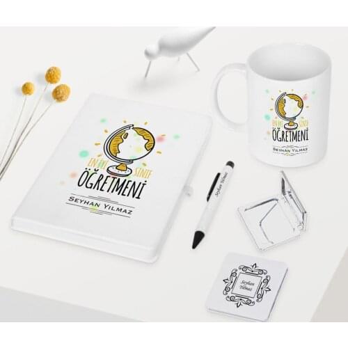 Personalized Best Class Teacher Themed White Notebook Pen Cup Mirror Set-3