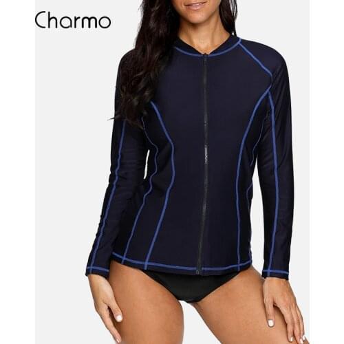 Charmo Women Long Sleeve Zipper Rashguard Swimsuit Running Shirt Swimwear Surfing Top Rash Guard Zipper UPF50+ Hiking Shirt