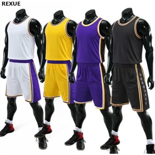 REXUE Mens Basketball Jersey Set Men Blank Basketball Uniform kids Adult Training Vest Double Pocket Shorts Children Sportswear