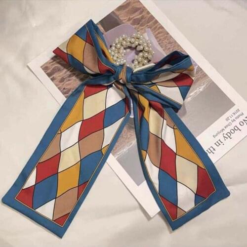 Faux Pearl Scrunchies Sweet Style Floral Print Sweet Hairband Hair Accessory Thin Texture Bow-knot Shiny Elastic Hair Ribbon