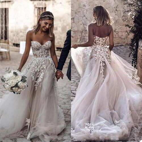 Luxury Wedding Dresses Sexy Sweetherat Lace Appliques Bridal Gowns Custom Made Backless Sweep Train A Line Wedding Dress